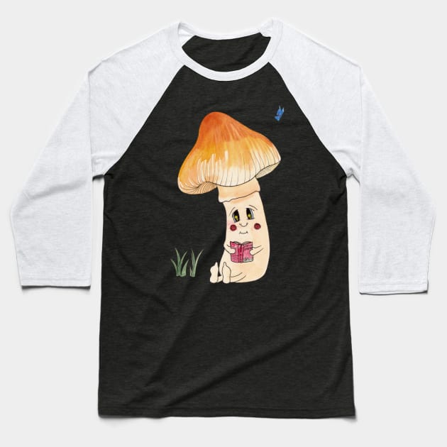 Cute Watercolor Reading Mushroom 3 Baseball T-Shirt by ECMazur